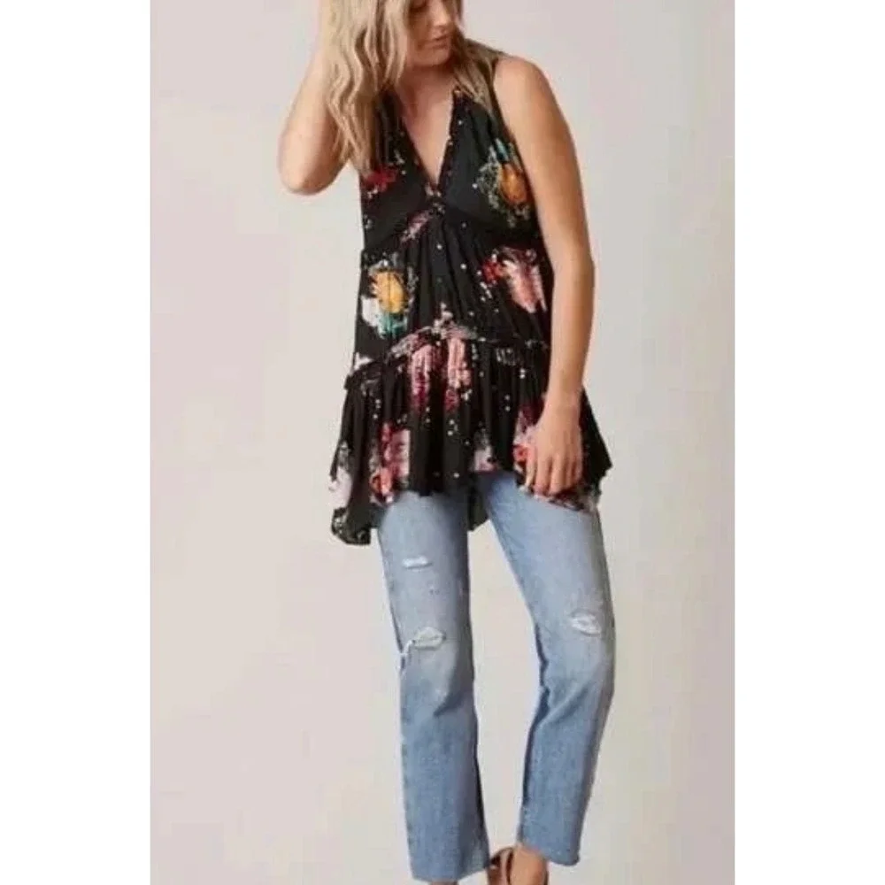 Free People‎ Floral Polka Dot Tunic Women Size S Black Boho Babydoll